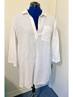 ST TROPEZ WEST Linen Blend White 3/4 Sleeve Popover Tunic Blouse Women's L Vacay
